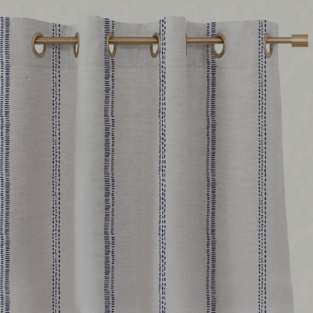 Blue Striped Linen Eyelet Curtains - Rae Deep Blue - Natural base fabric.