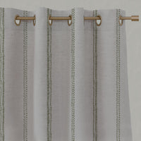 Green Striped Linen Eyelet Curtains - Rae Khaki - Natural base fabric.