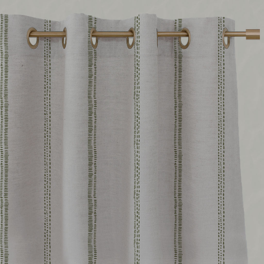 Green Striped Linen Eyelet Curtains - Rae Khaki - Natural base fabric.
