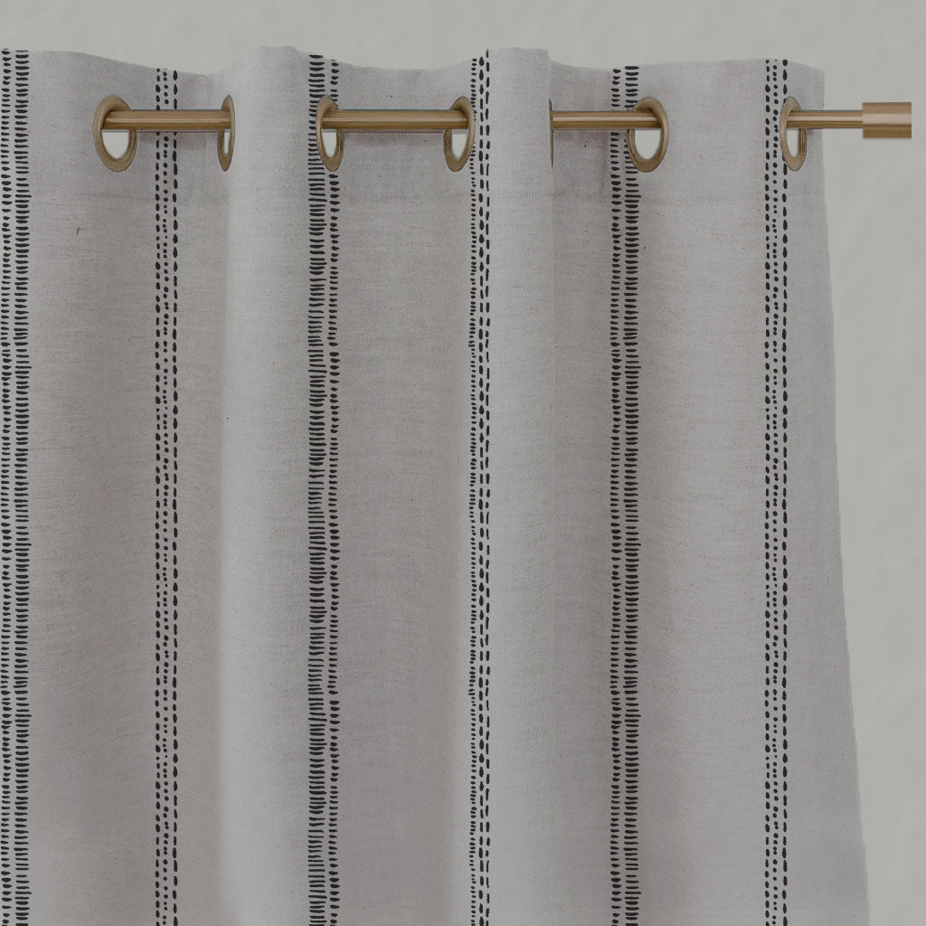 Black Striped Linen Eyelet Curtains - Rae Noir - Natural base fabric.