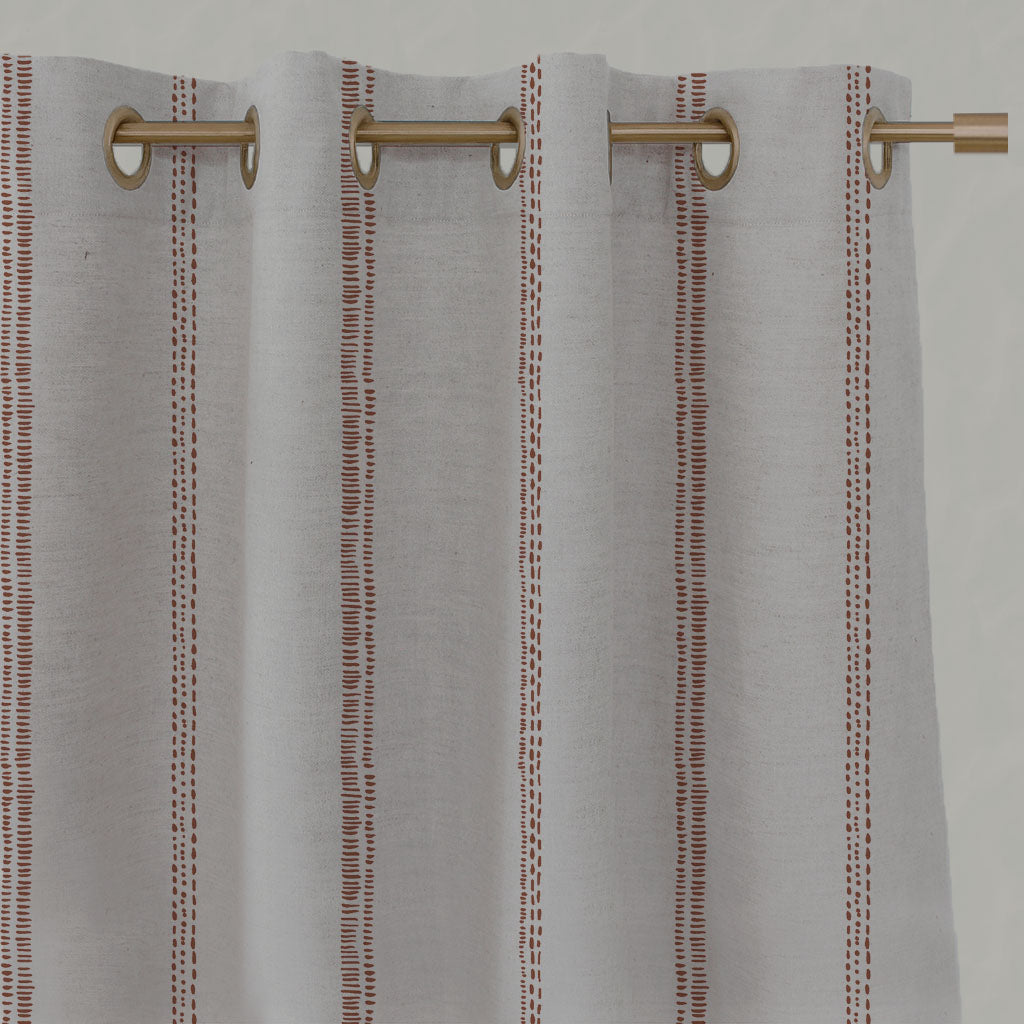 Red / Orange Striped Linen Eyelet Curtains - Rae Terracotta - Natural base fabric.