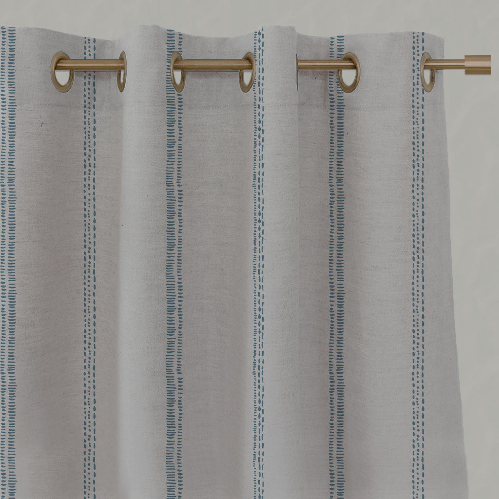 Blue Striped Linen Eyelet Curtains - Rae True Blue - Natural base fabric.
