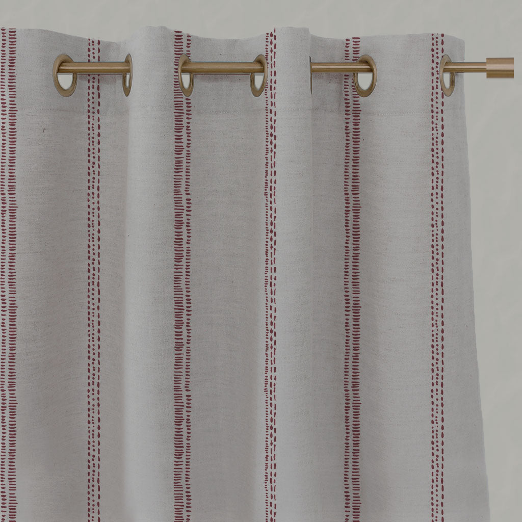 Red Striped Linen Eyelet Curtains - Rae Wine - Natural base fabric.