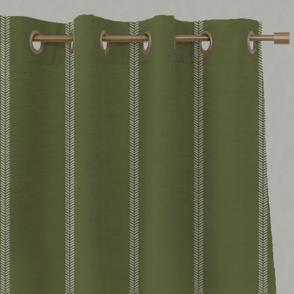Green Striped Linen Eyelet Curtains - Rana Leaf  - Natural base fabric.