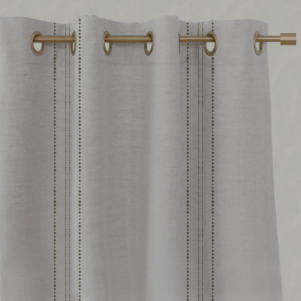 Green Striped Linen Eyelet Curtains - Reyna Khaki - Natural base fabric.