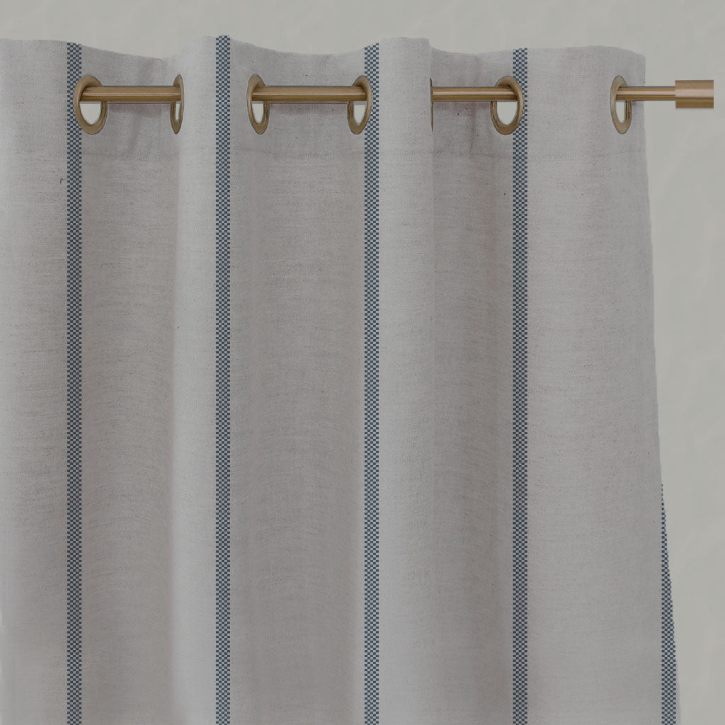 Blue Striped Linen Eyelet Curtains - Ronja Denim - Natural base fabric.