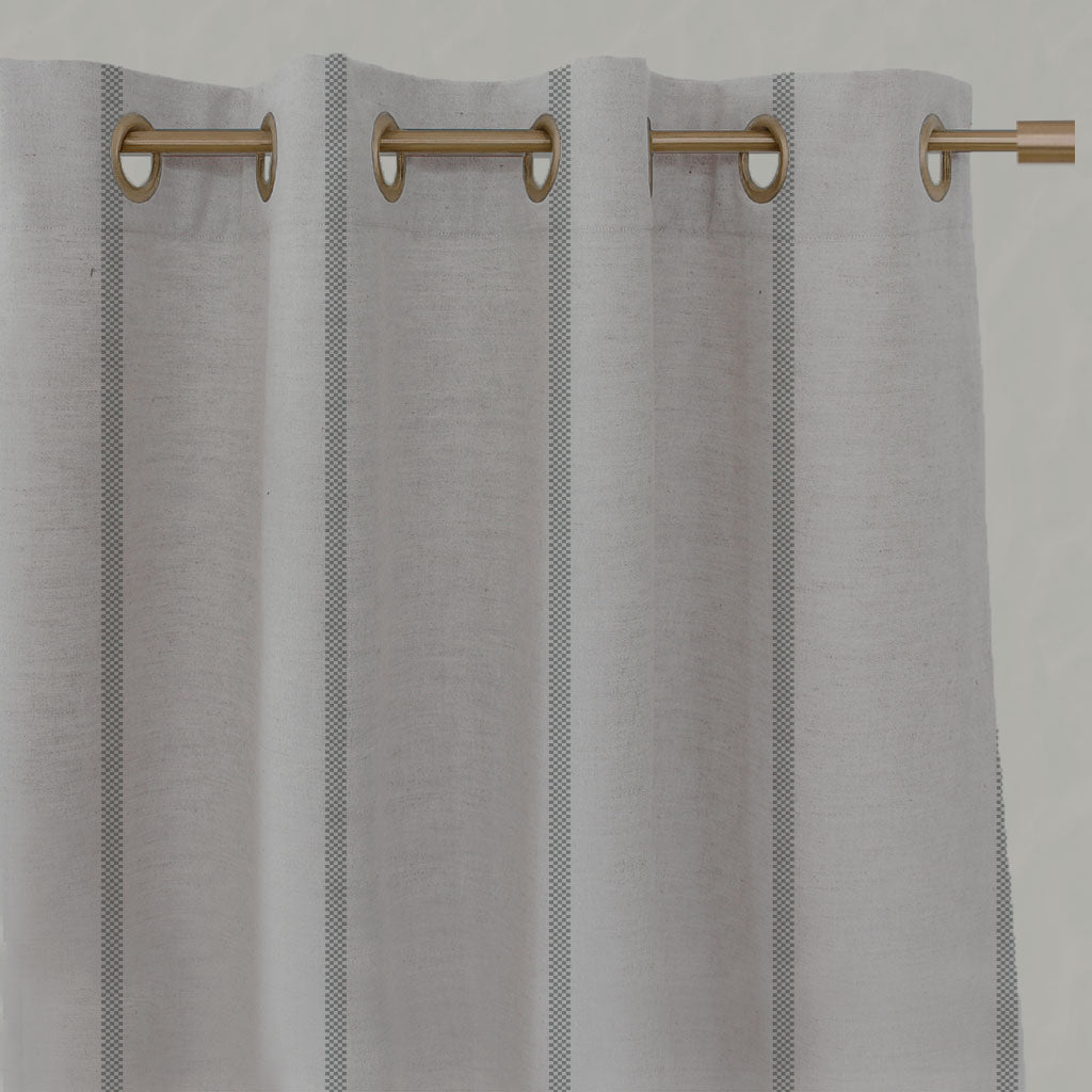 Grey Striped Linen Eyelet Curtains - Ronja Greige - Natural base fabric.
