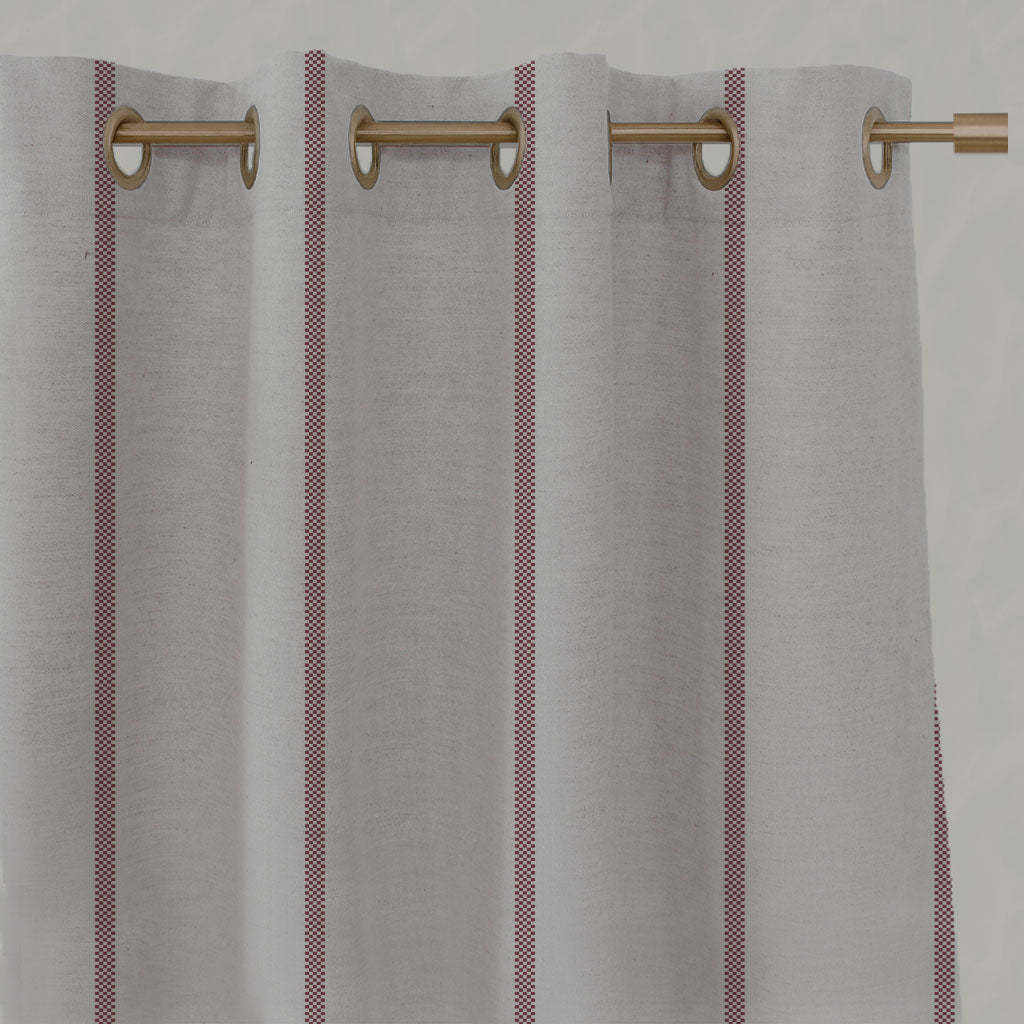 Red Striped Linen Eyelet Curtains - Ronja Wine - Natural base fabric.