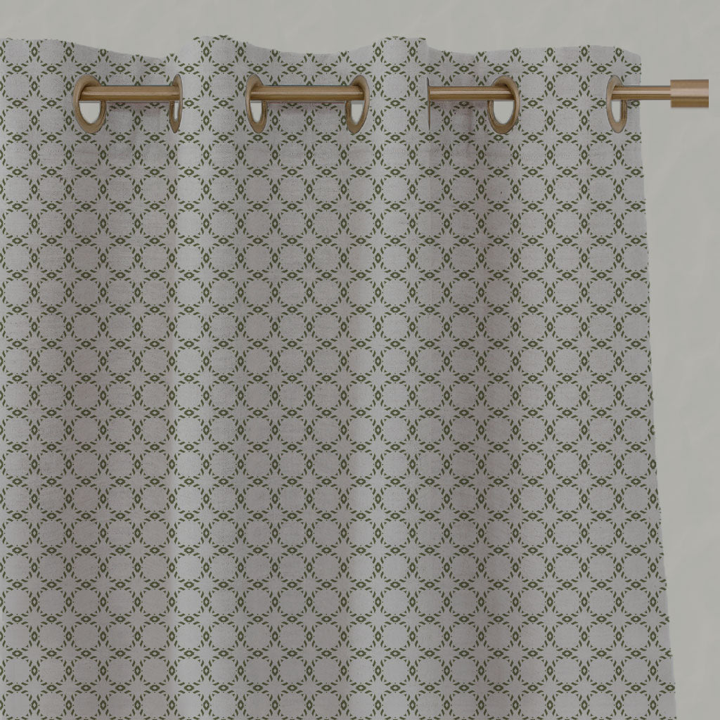 Green Patterned Linen Eyelet Curtains - Rosalina Khaki - Natural base fabric.