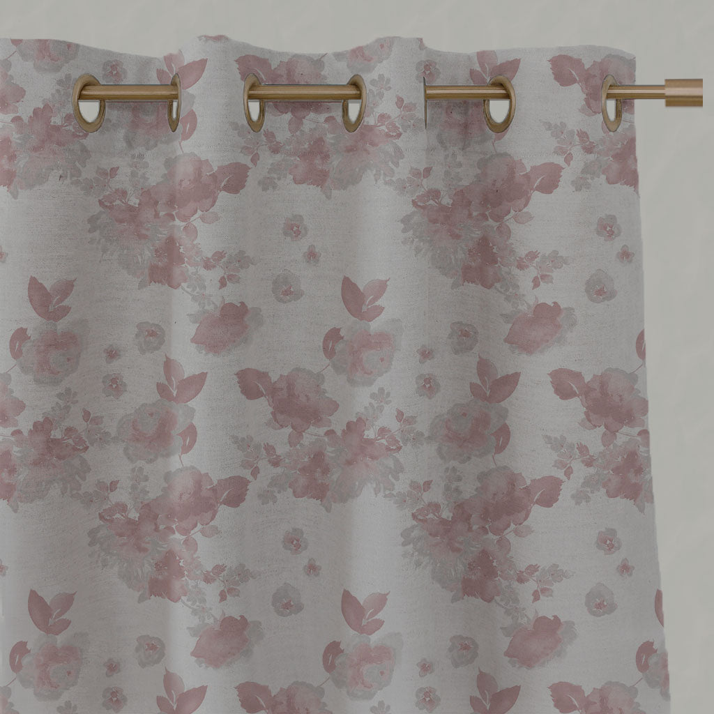 Pink Floral Linen Eyelet Curtains - Rose Dusty Pink - Natural base fabric.