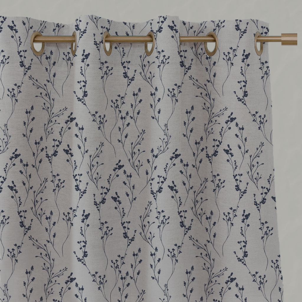 Blue Botanical Linen Eyelet Curtains - Saeeda Deep Blue - Natural base fabric.