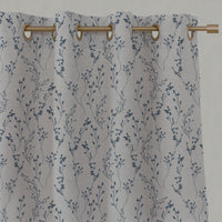 Blue Botanical Linen Eyelet Curtains - Saeeda Denim - Natural base fabric.