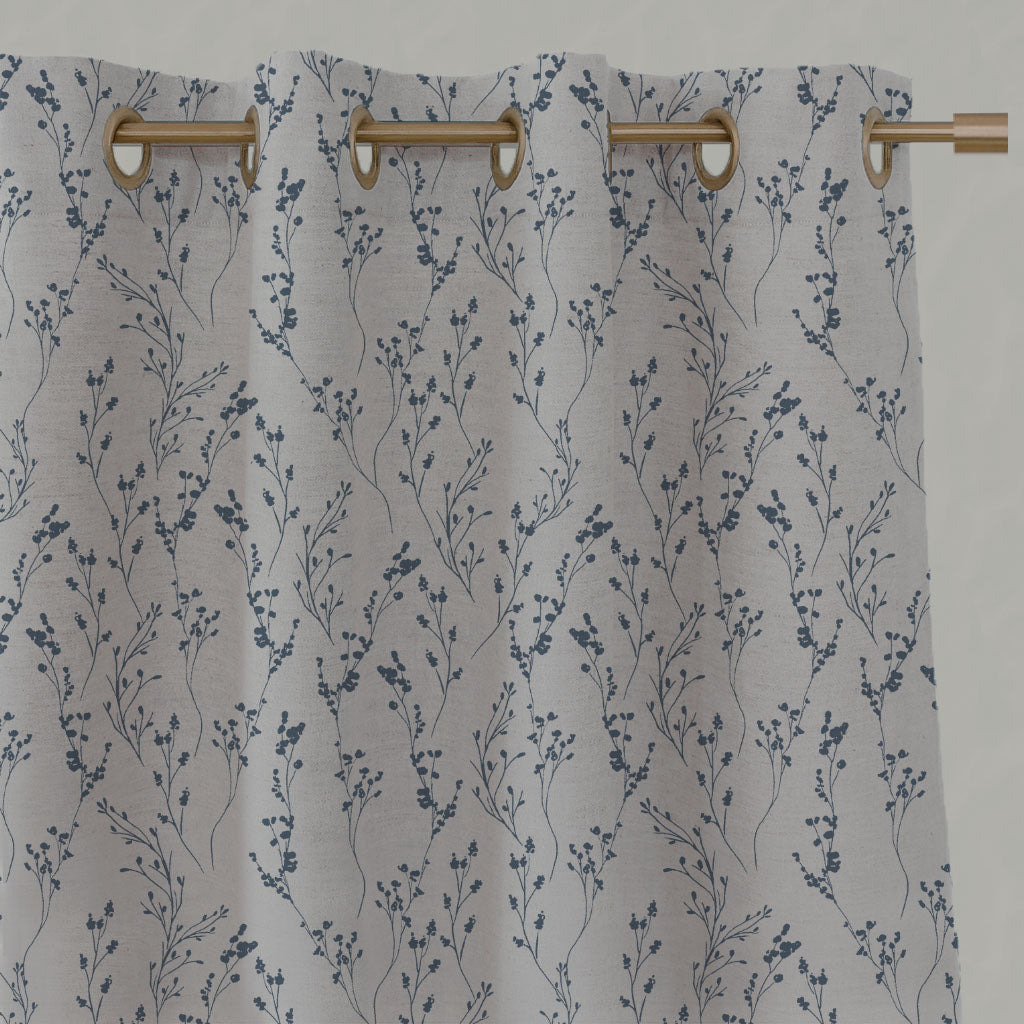 Blue Botanical Linen Eyelet Curtains - Saeeda Denim - Natural base fabric.