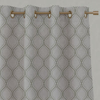Green Patterned Linen Eyelet Curtains - Sara-NAT Khaki - Natural base fabric.