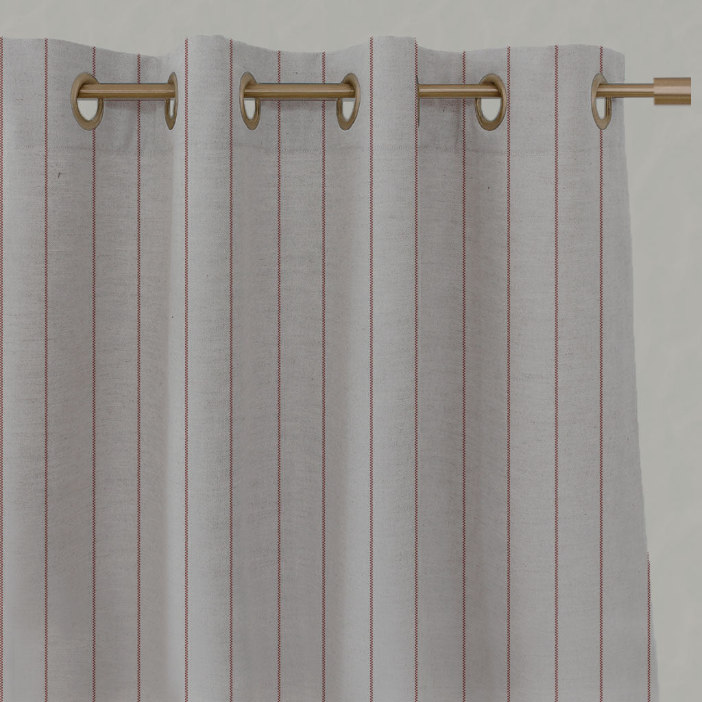 Red Striped Linen Eyelet Curtains - Solveig Crimson Red - Natural base fabric.