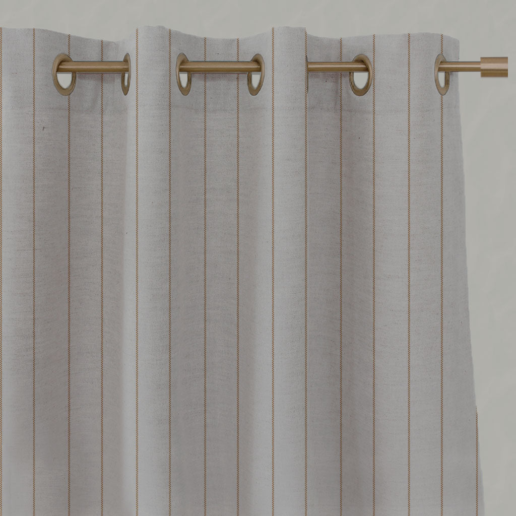 Orange / Yellow Striped Linen Eyelet Curtains - Solveig Gold Ochre - Natural base fabric.