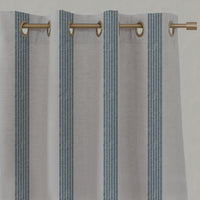Blue Striped Linen Eyelet Curtains - Sumi Blue Stone - Natural base fabric.