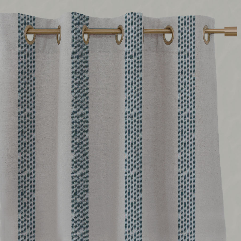 Blue Striped Linen Eyelet Curtains - Sumi Blue Stone - Natural base fabric.