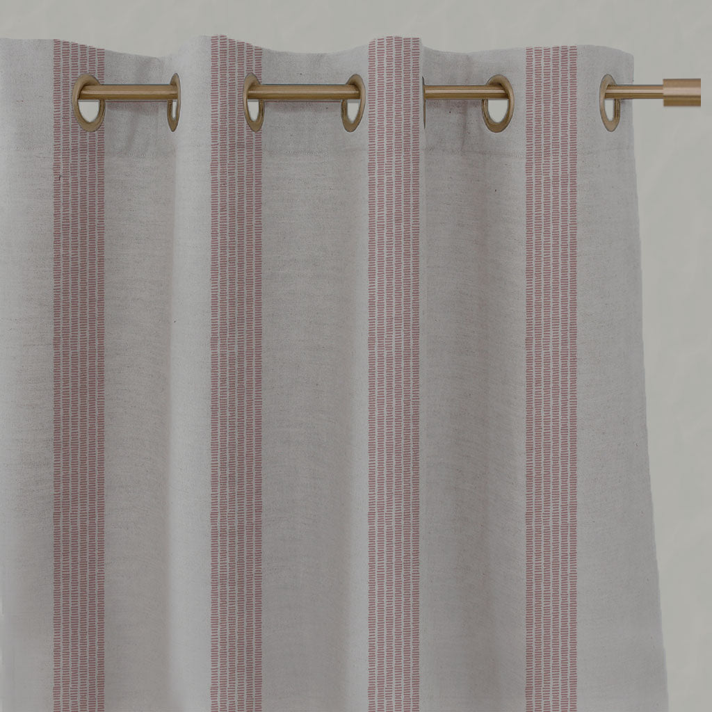 Pink Striped Linen Eyelet Curtains - Sumi Dusty Pink - Natural base fabric.