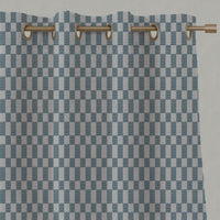 Blue Checked Linen Eyelet Curtains - Sunni Blue Stone - Natural base fabric.