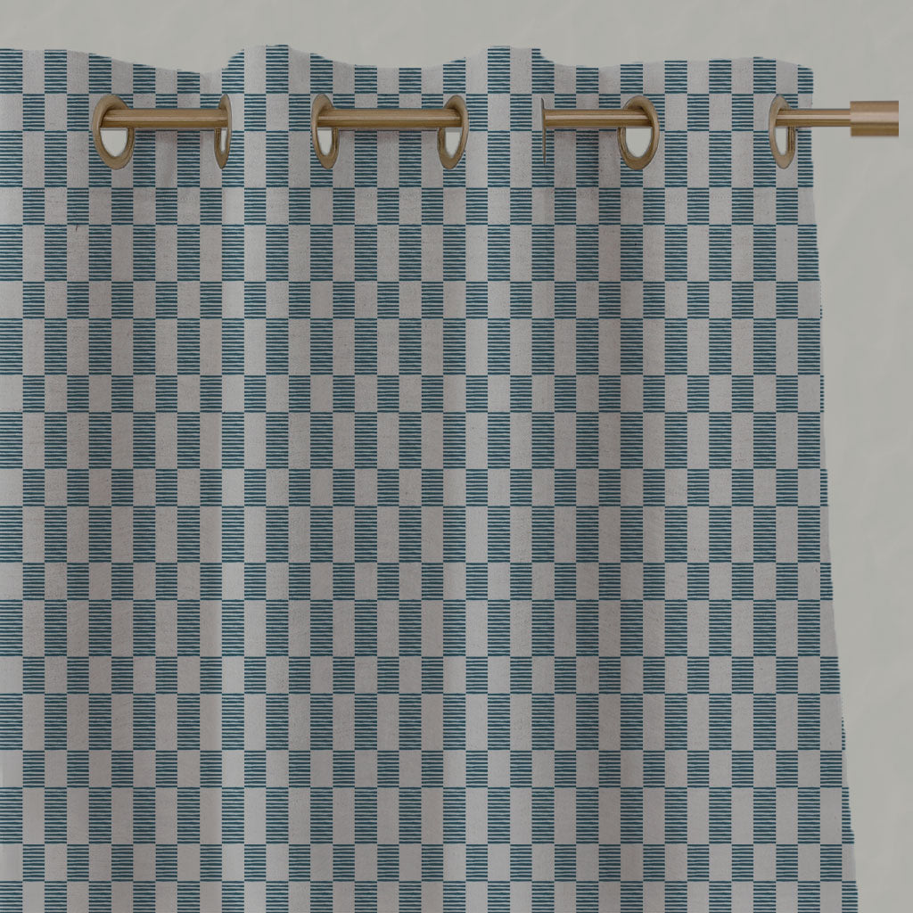 Blue Checked Linen Eyelet Curtains - Sunni Blue Stone - Natural base fabric.