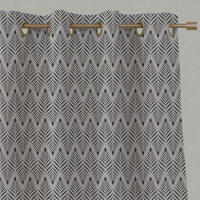 Grey Patterned Linen Eyelet Curtains - Sylvia Charcoal - Natural base fabric.