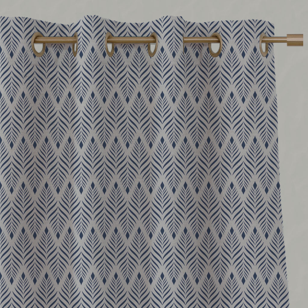 Blue Patterned Linen Eyelet Curtains - Sylvia Night Blue - Natural base fabric.