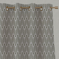 Green Patterned Linen Eyelet Curtains - Sylvia Seaweed - Natural base fabric.
