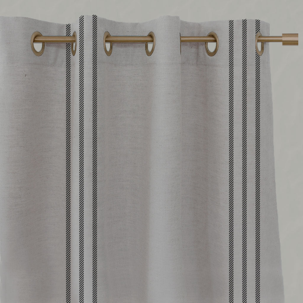 Black Striped Linen Eyelet Curtains - Telma Black - Natural base fabric.