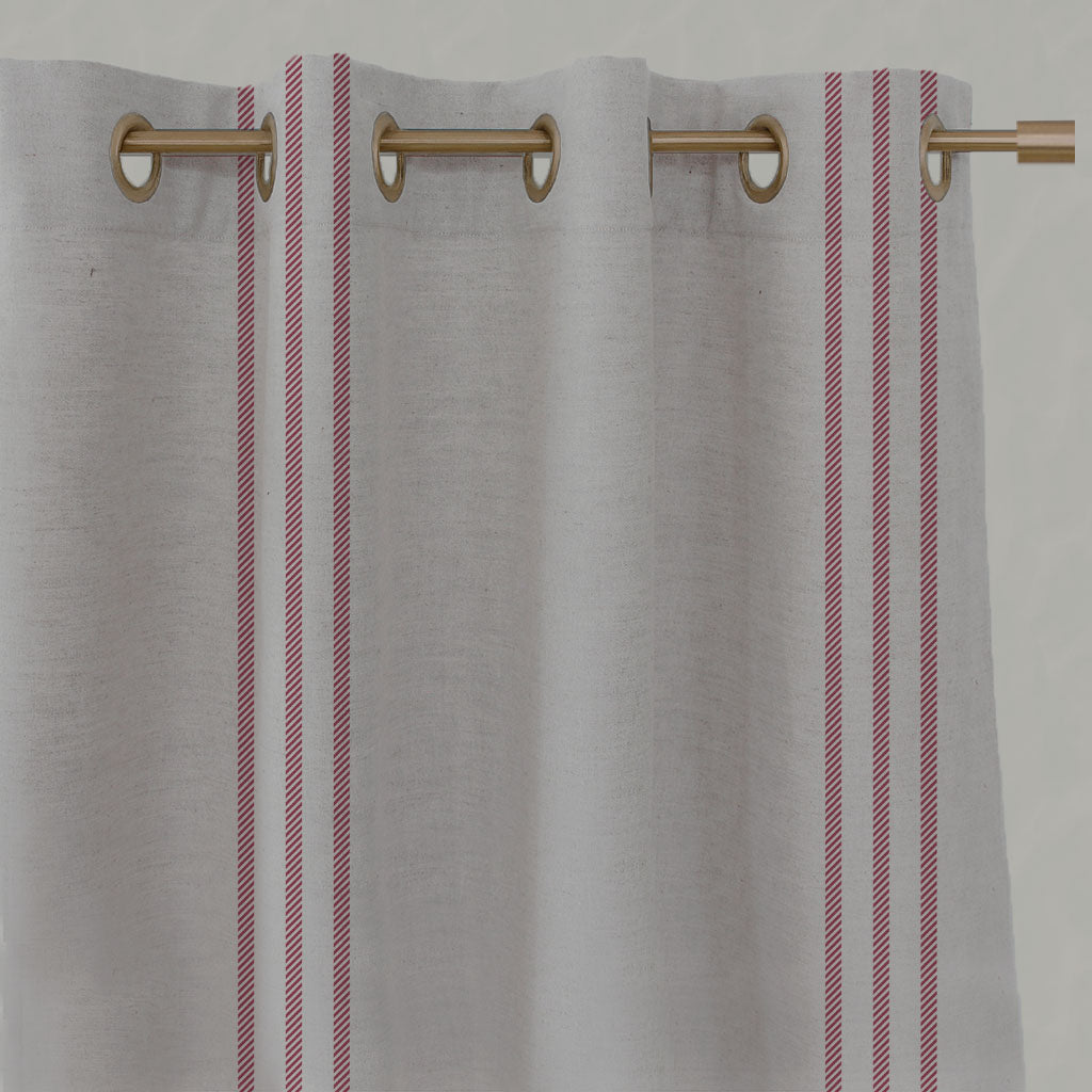 Red Striped Linen Eyelet Curtains - Telma Cherry - Natural base fabric.