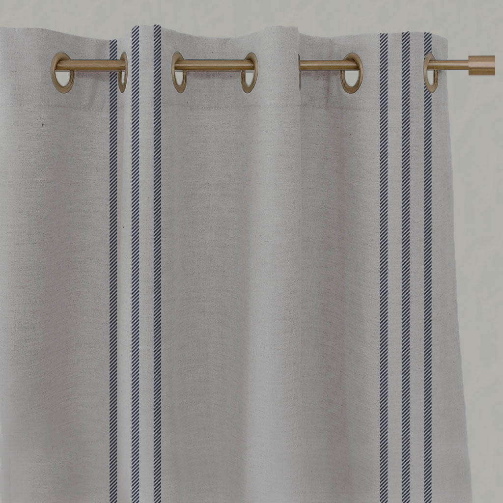 Blue Striped Linen Eyelet Curtains - Telma Deep Blue - Natural base fabric.
