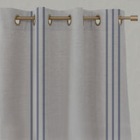 Blue Striped Linen Eyelet Curtains - Telma Night Blue - Natural base fabric.