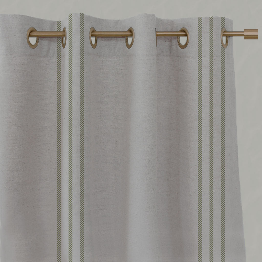 Green Striped Linen Eyelet Curtains - Telma Olive - Natural base fabric.