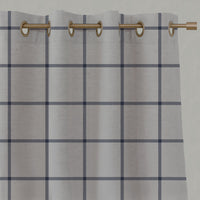 Blue Checked Linen Eyelet Curtains - Tove Deep Blue - Natural base fabric.