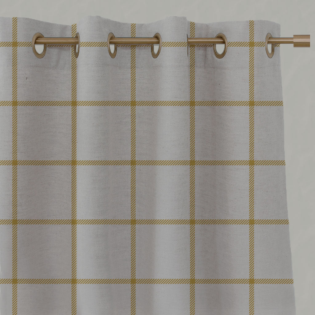 Yellow Checked Linen Eyelet Curtains - Tove Mustard - Natural base fabric.