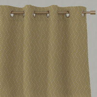Yellow Patterned Linen Eyelet Curtains - Vera Mustard - Natural base fabric.
