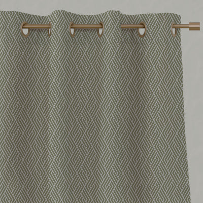 Green Patterned Linen Eyelet Curtains - Vera Olive - Natural base fabric.