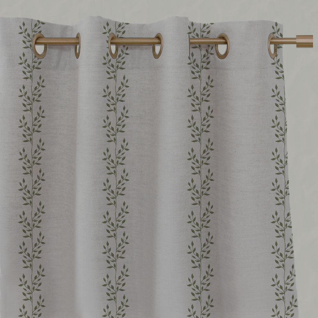 Shena Khaki Eyelet curtains - Natural fabric with botanical Green print