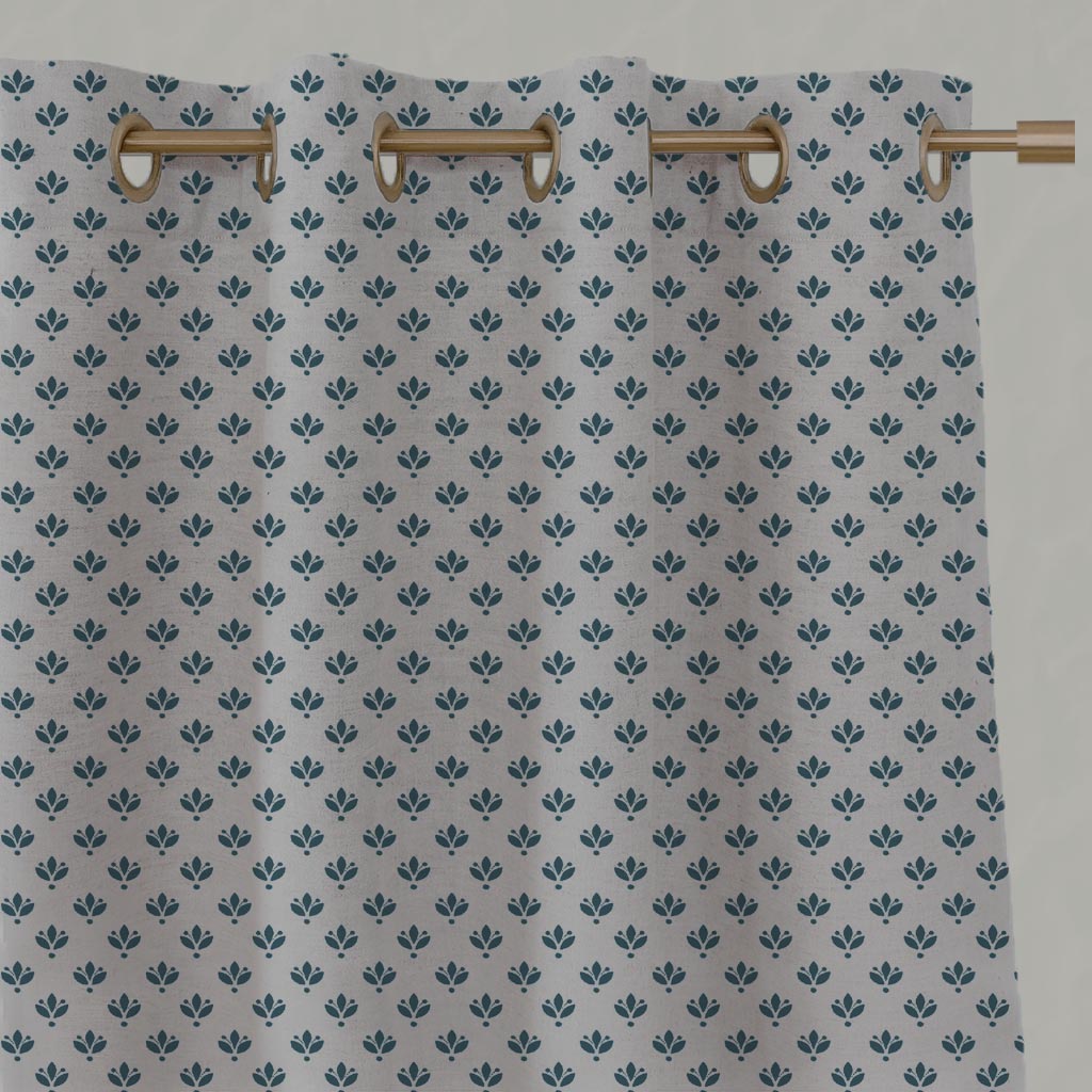 Blue Botanical Linen Eyelet Curtain - Olgie Blue Stone - Natural base fabric.