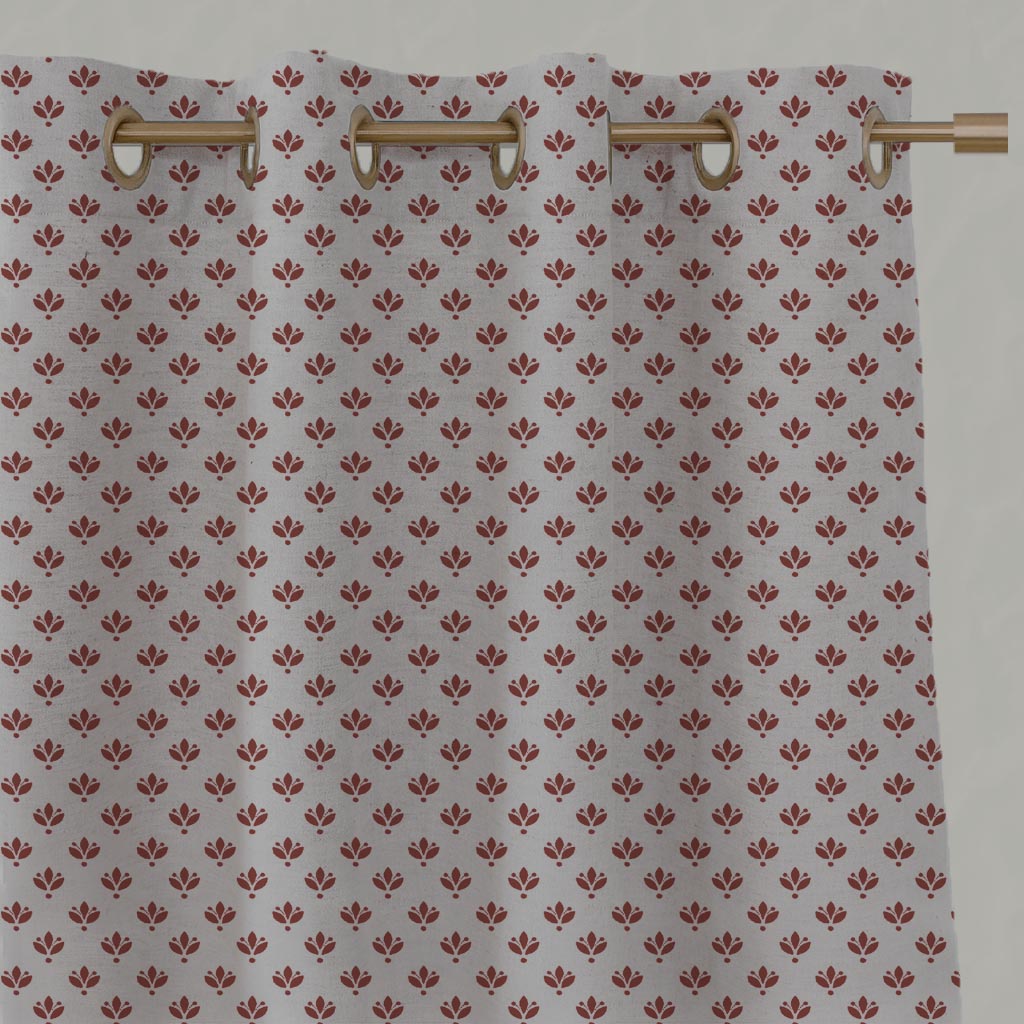 Red Botanical Linen Eyelet Curtain - Olgie Crimson Red - Natural base fabric.