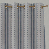 Blue Floral Stripe Linen Eyelet Curtain - Silvian Denim - Natural base fabric.