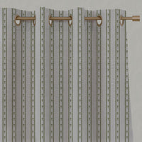 Green Floral Stripe Linen Eyelet Curtain - Silvian Khaki - Natural base fabric.