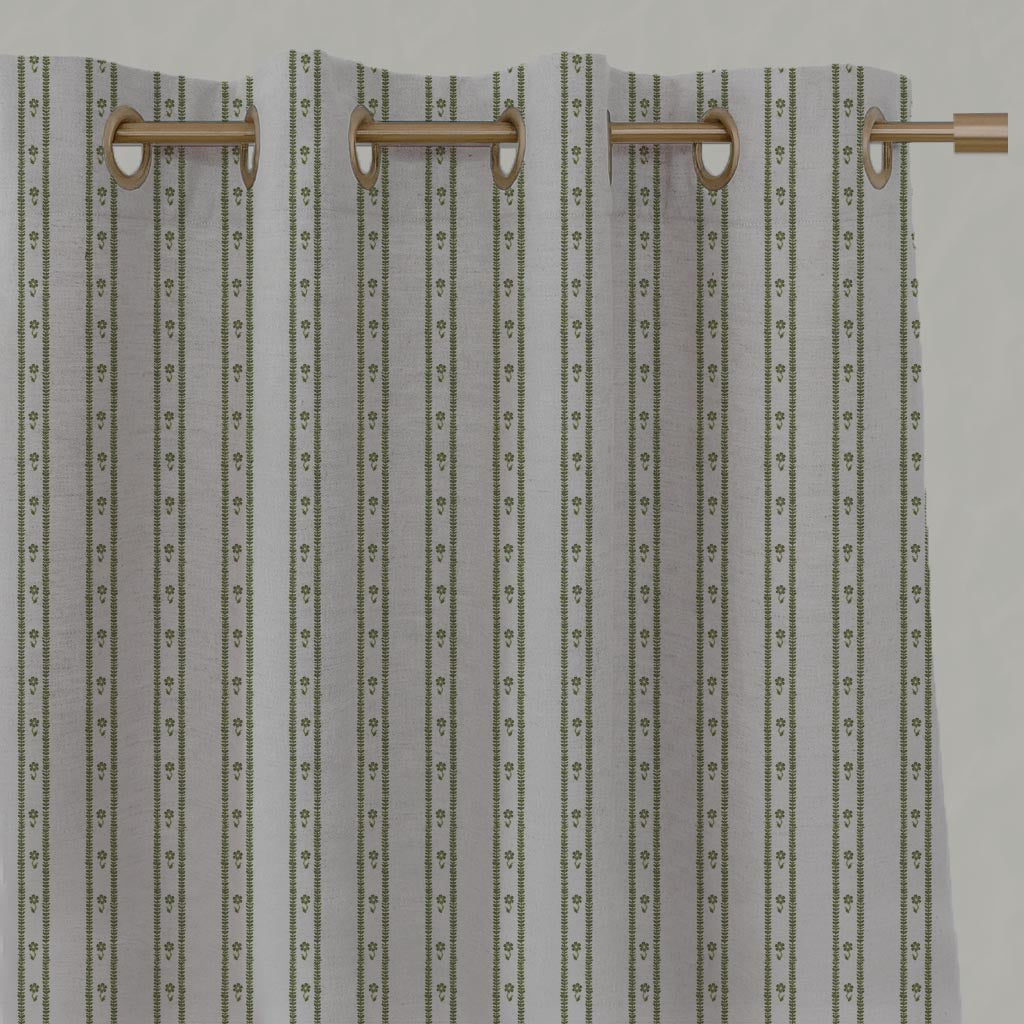 Green Floral Stripe Linen Eyelet Curtain - Silvian Khaki - Natural base fabric.