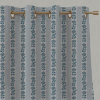 Blue Floral Stripe Linen Eyelet Curtain - Skye Blue Stone - Natural base fabric.