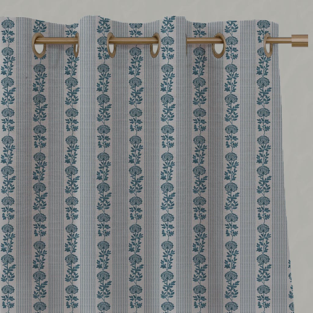 Blue Floral Stripe Linen Eyelet Curtain - Skye Blue Stone - Natural base fabric.