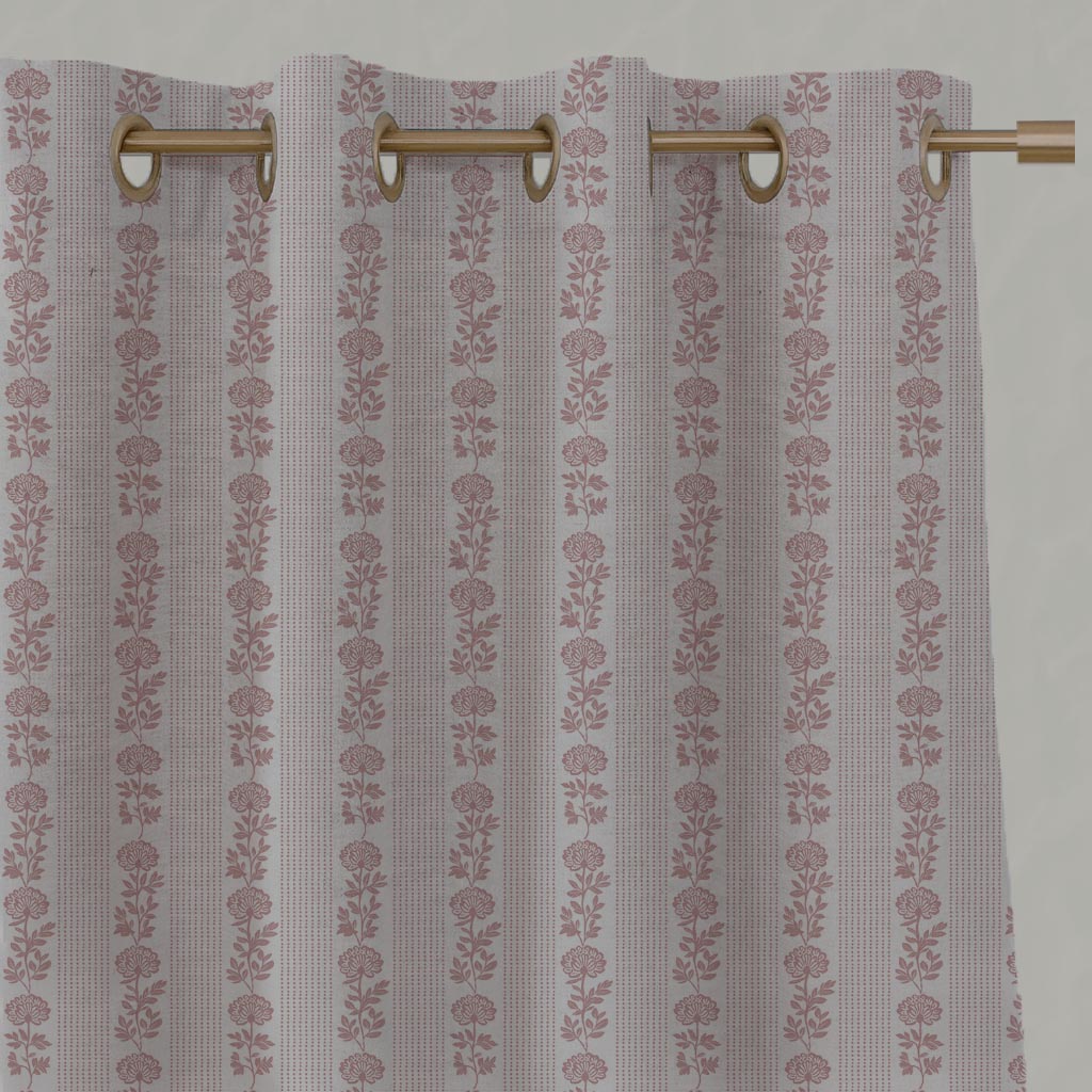 Pink Floral Stripe Linen Eyelet Curtain - Skye Dusty Pink - Natural base fabric.