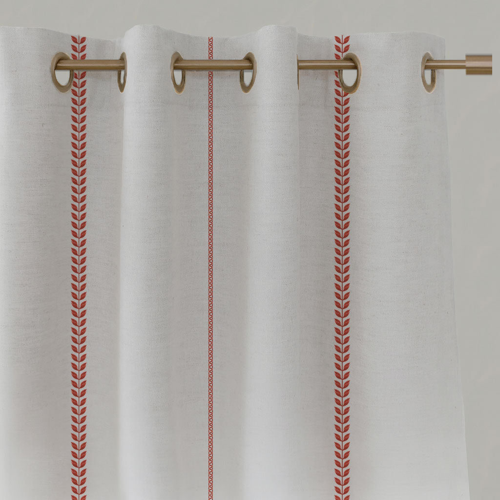 Red Striped Linen Eyelet Curtains - Berit Crimson Red - White base fabric.