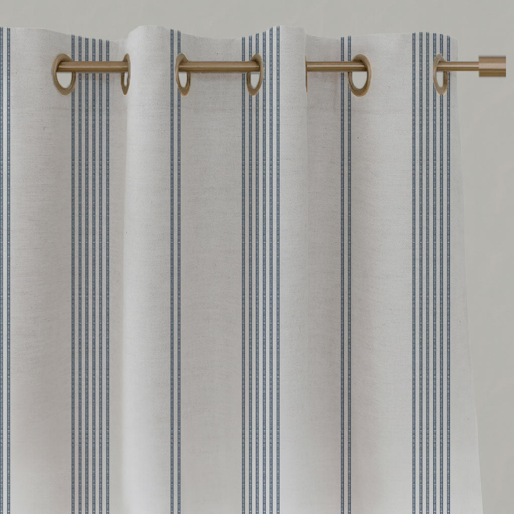 Blue Striped Linen Eyelet Curtains - Brea Ink-WHT - White base fabric.