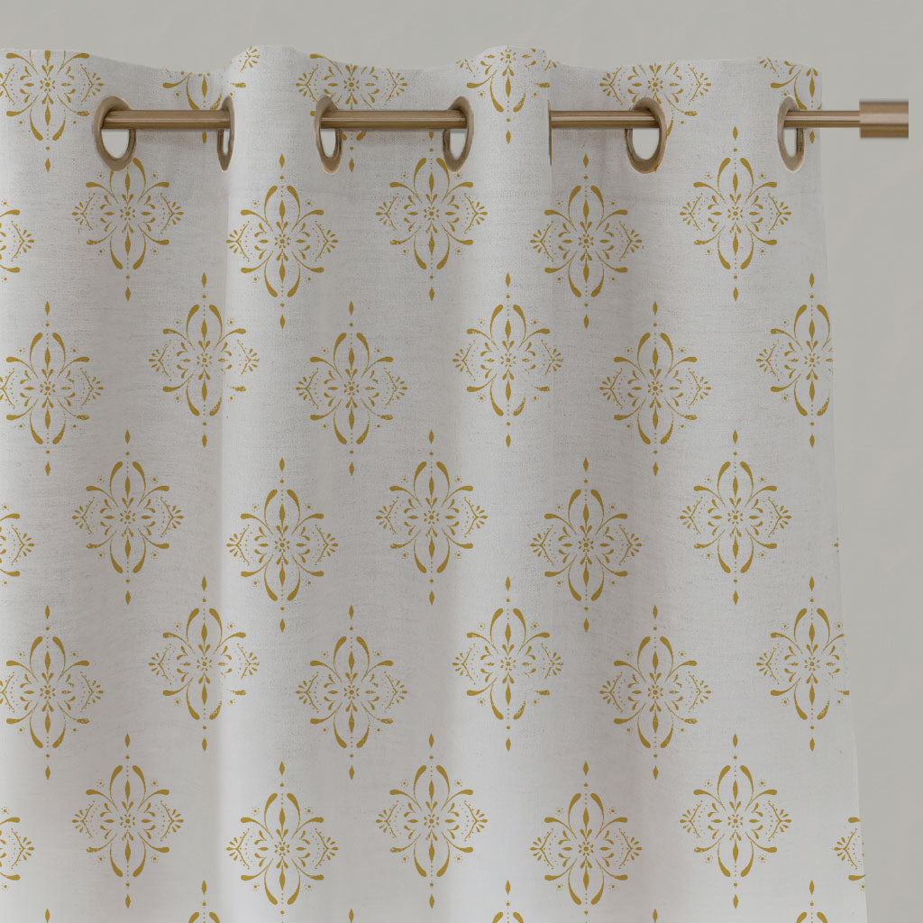 Yellow Patterned Linen Eyelet Curtains - Britt Dijon - White base fabric.