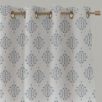 Blue Patterned Linen Eyelet Curtains - Britt Ink  - White base fabric.